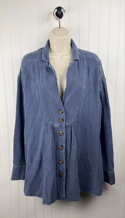 Free People Tops - Free People Blue Cotton Gauze Button Front Tunic Top Size Small